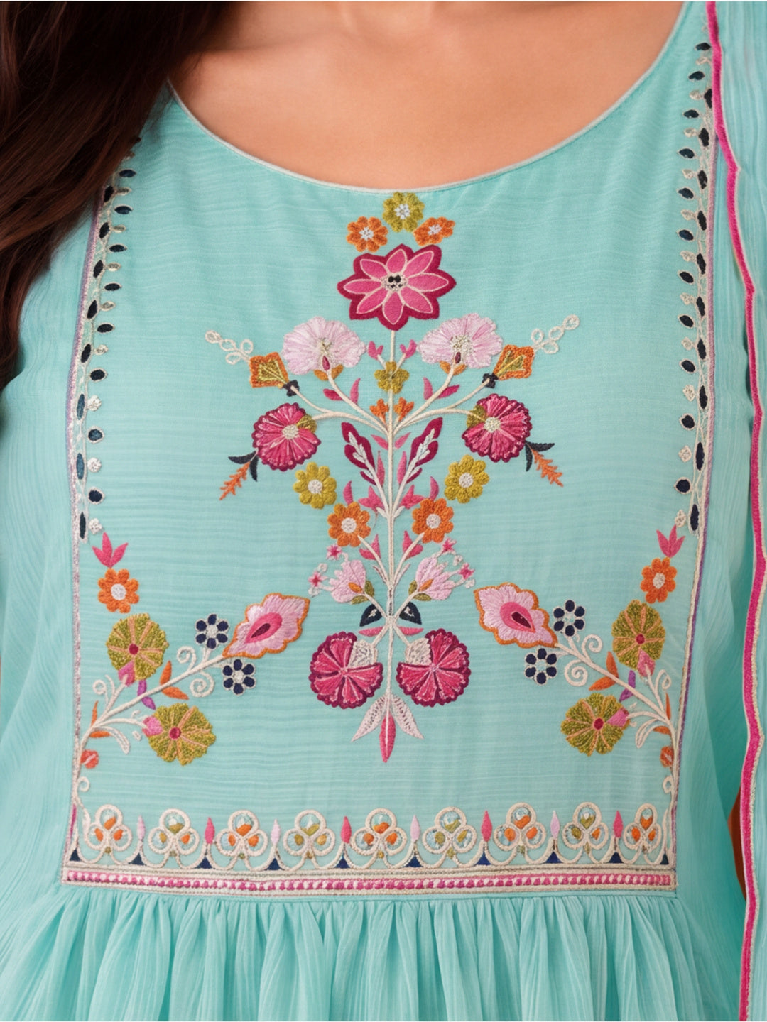 Women's Mint Green Embroidered Anarkali Kurta Set with Dupatta | Festive Ethnic Suit