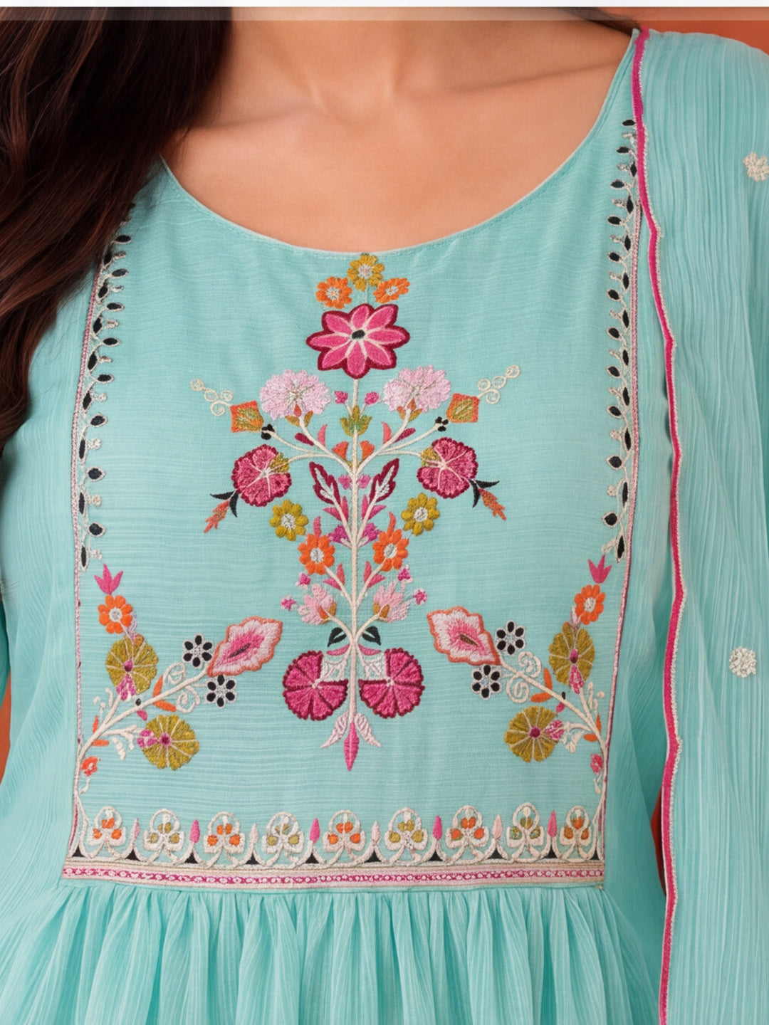 Women's Mint Green Embroidered Anarkali Kurta Set with Dupatta | Festive Ethnic Suit