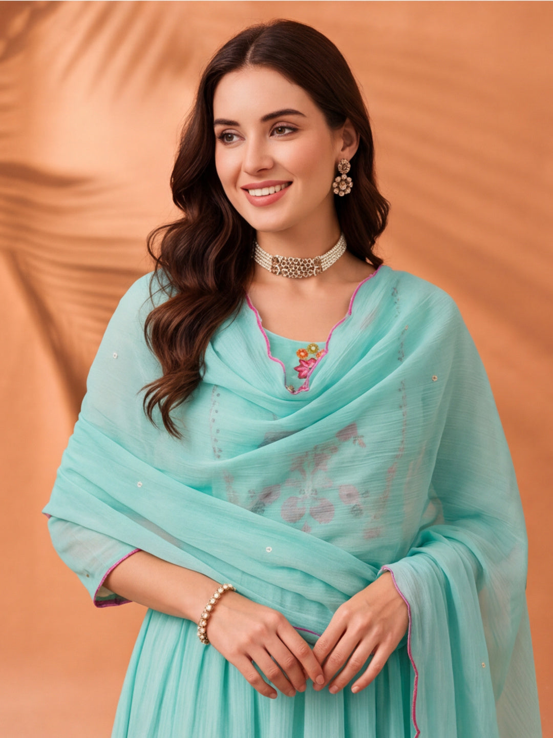 Women's Mint Green Embroidered Anarkali Kurta Set with Dupatta | Festive Ethnic Suit
