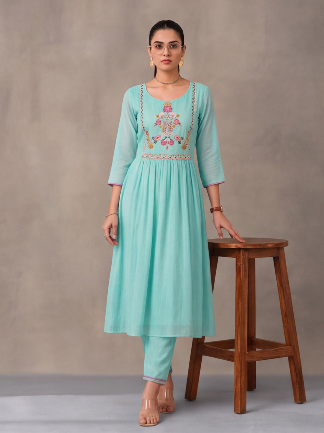 Women's Mint Green Embroidered Anarkali Kurta Set with Dupatta | Festive Ethnic Suit
