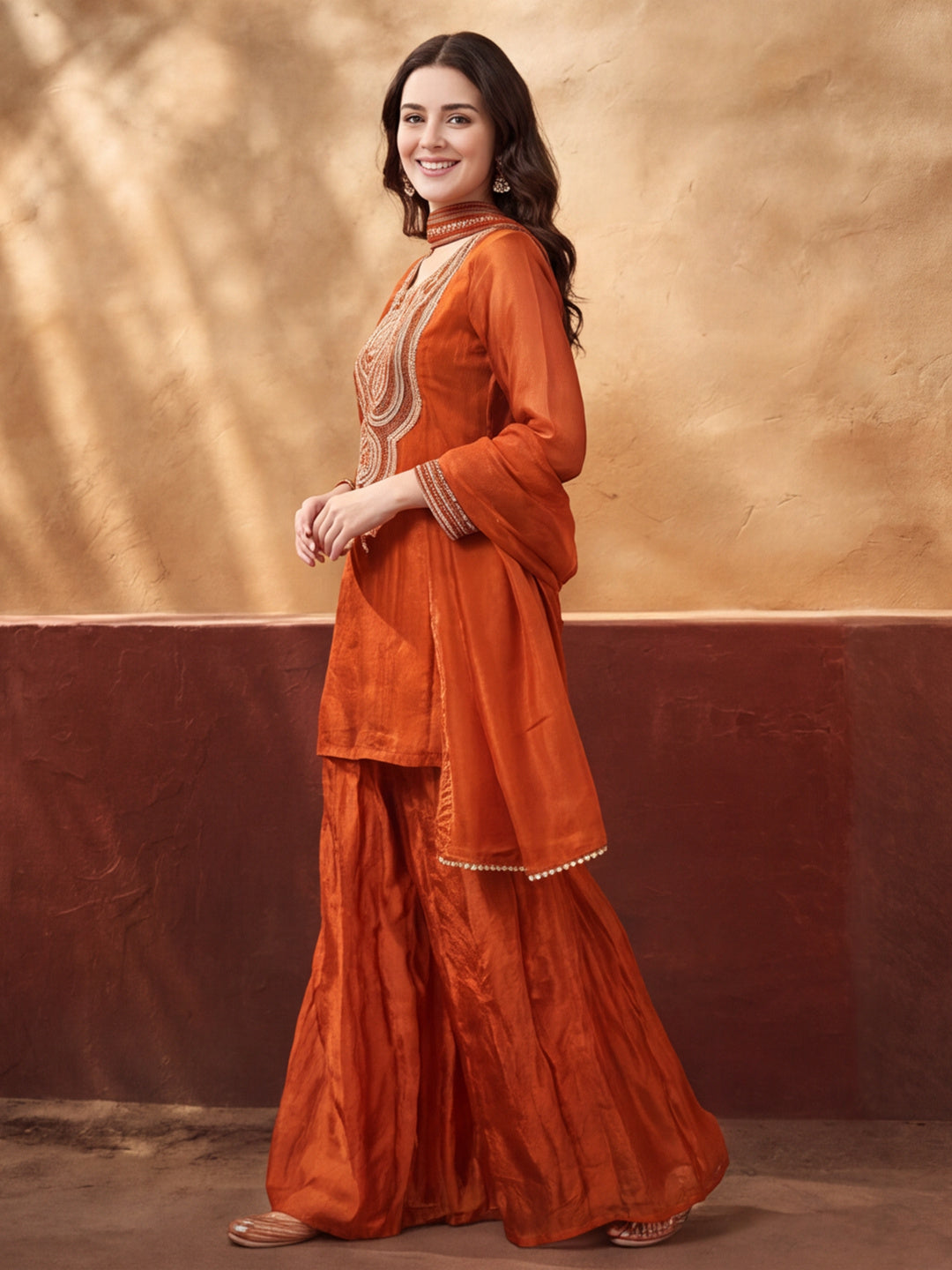 Women's Orange Embroidered Kurta Palazzo Set with Dupatta | Festive Ethnic Party Wear Suit