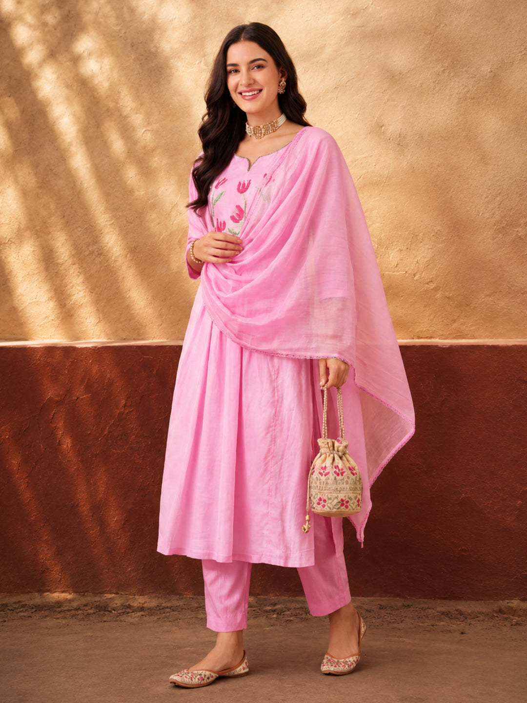 Women's Pink Floral Embroidered Anarkali Kurta Set with Dupatta | Festive Ethnic Suit