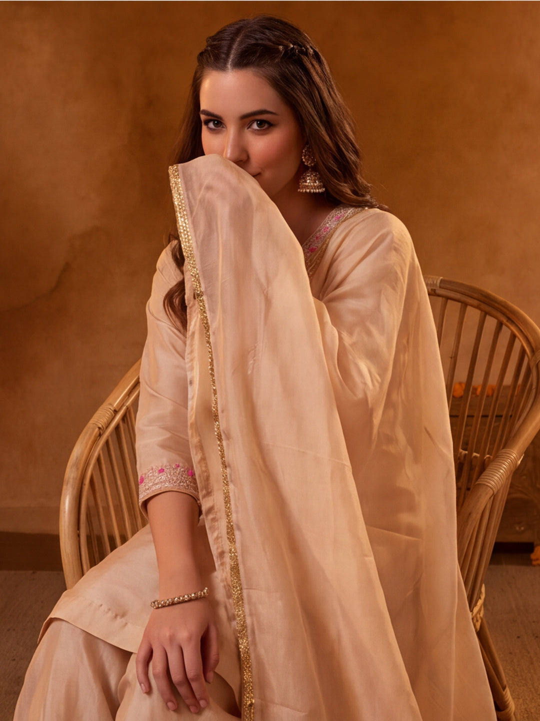 Women Embroidery Cream Kurta Set with Dupatta