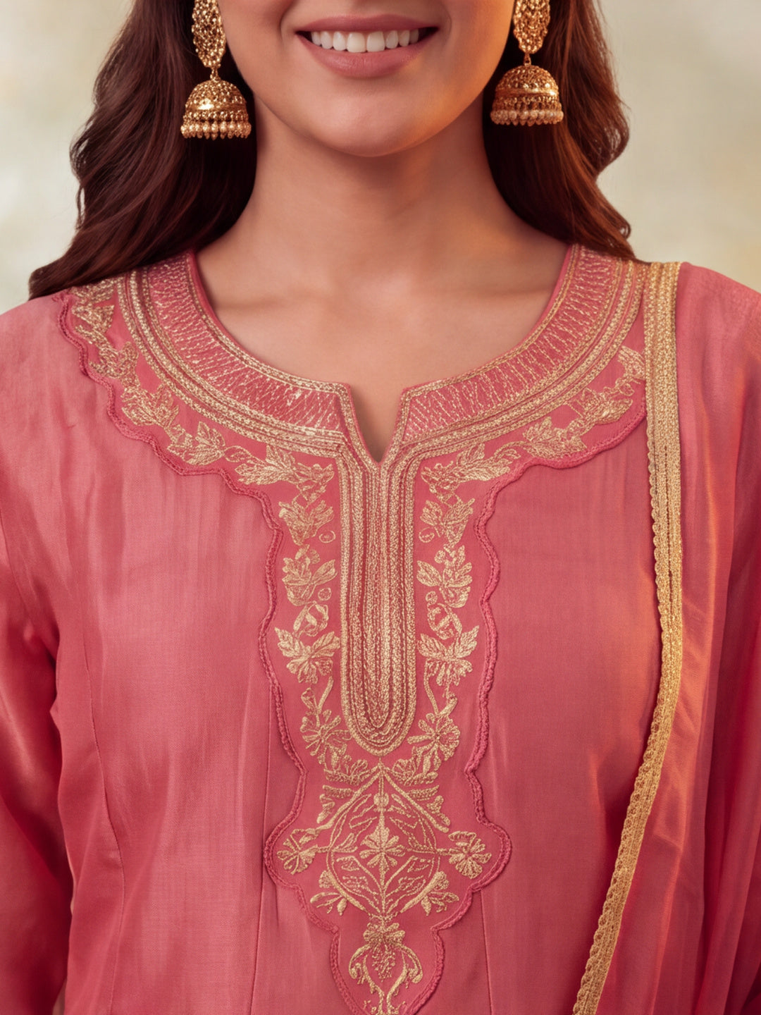 Women Embroidery Dusty Rose Kurta Set with Dupatta
