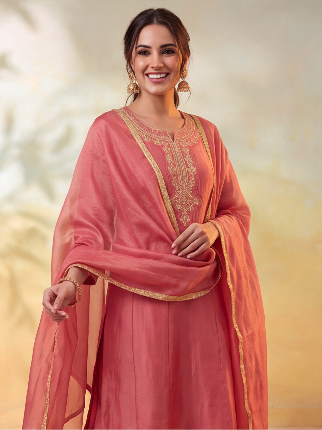 Women Embroidery Dusty Rose Kurta Set with Dupatta