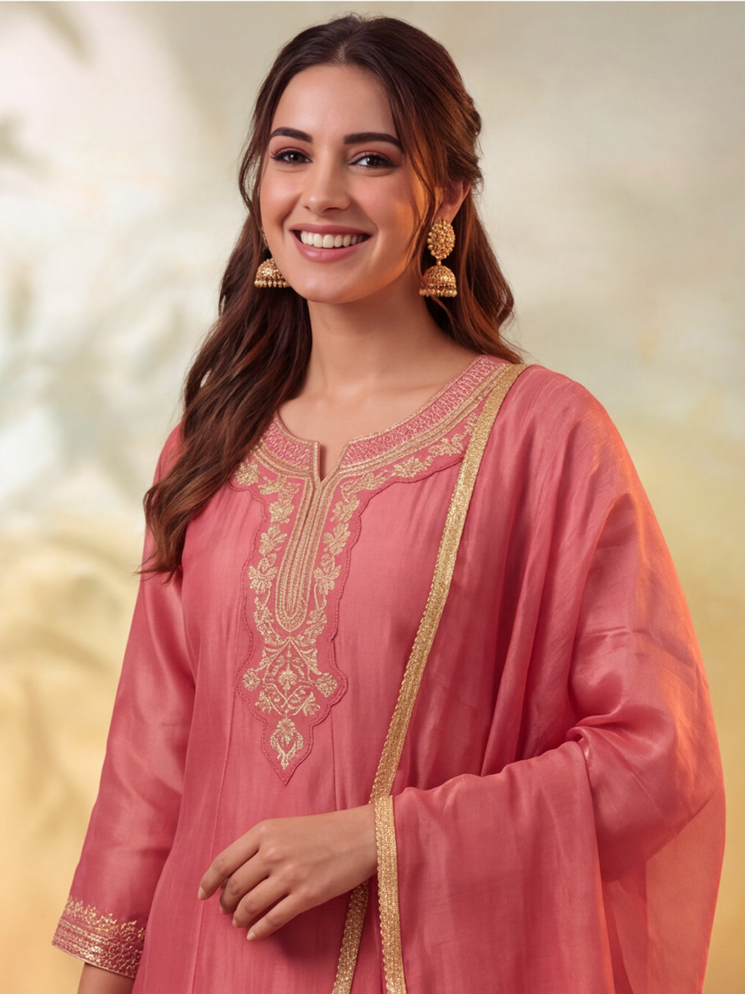 Women Embroidery Dusty Rose Kurta Set with Dupatta