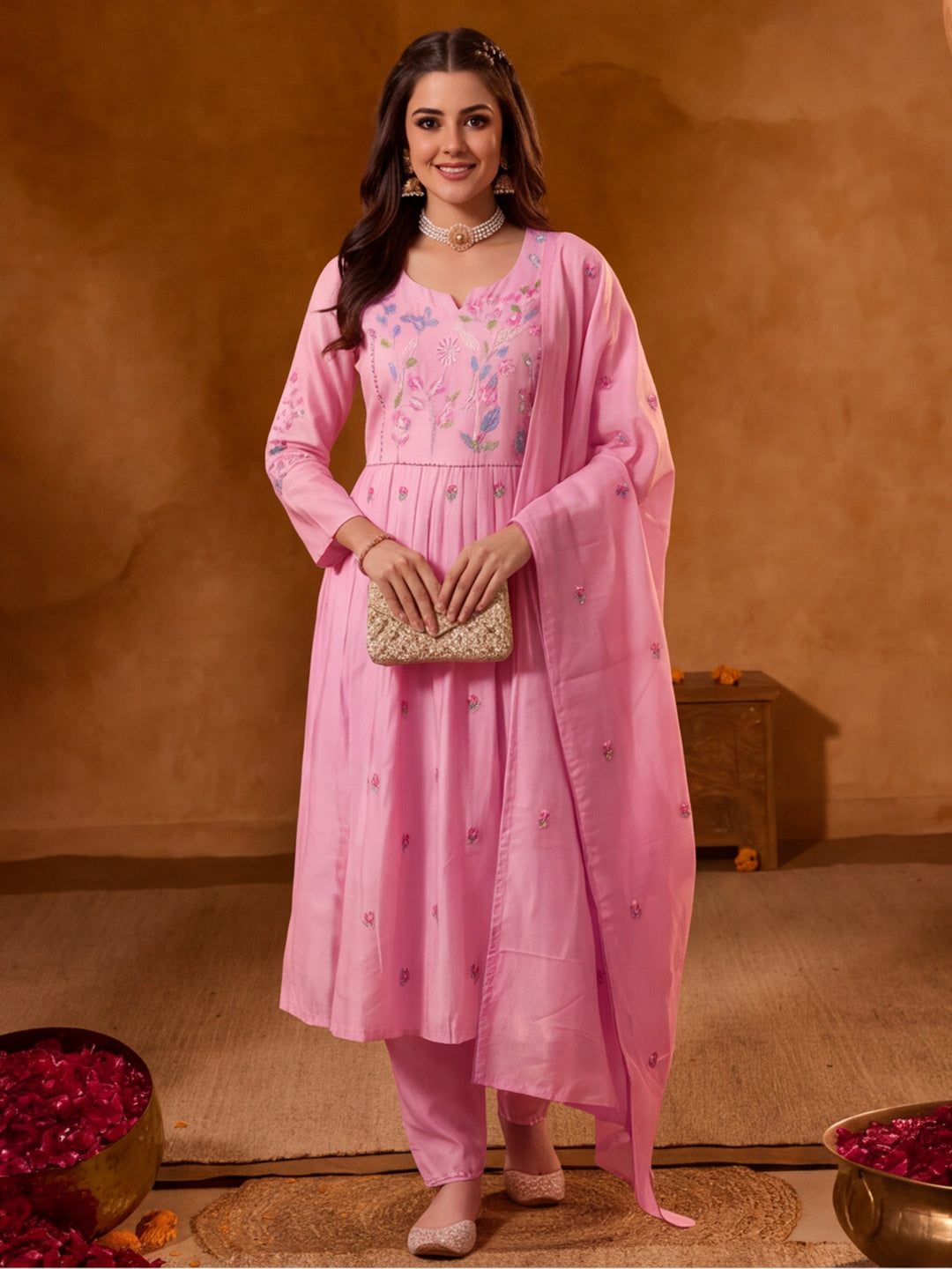 Women Floral Embroidery Pink Kurta Set with Dupatta