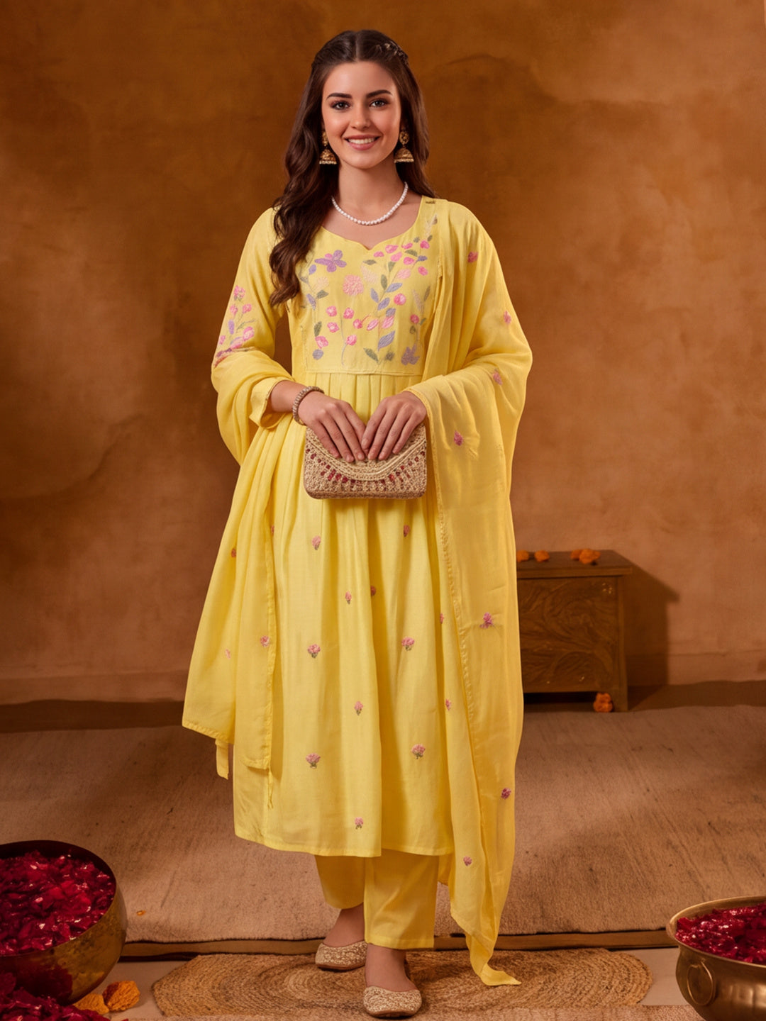 Women Floral Embroidery Yellow Kurta Set with Dupatta