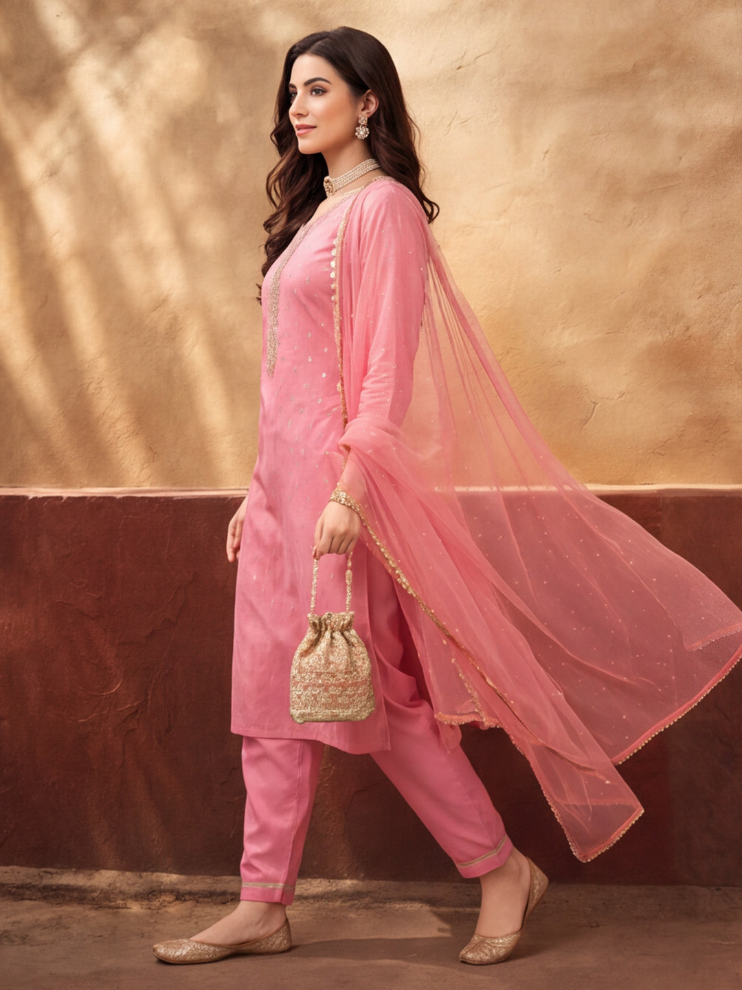 Women's Pink Weaving Kurta Set with Dupatta | Straight Festive Ethnic Party Wear Suit