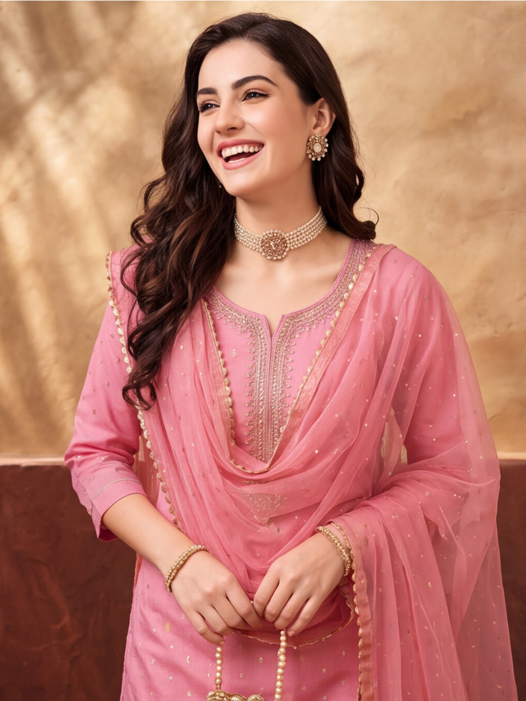 Women's Pink Weaving Kurta Set with Dupatta | Straight Festive Ethnic Party Wear Suit