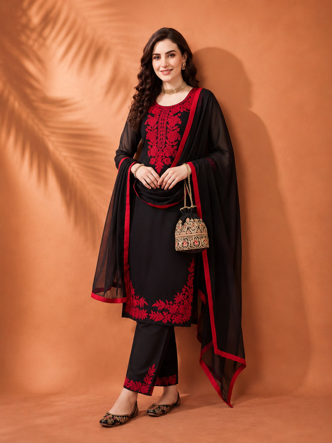 Women's Black Embroidered Kurta Set with Dupatta | Red Floral Straight Ethnic Party Wear Suit