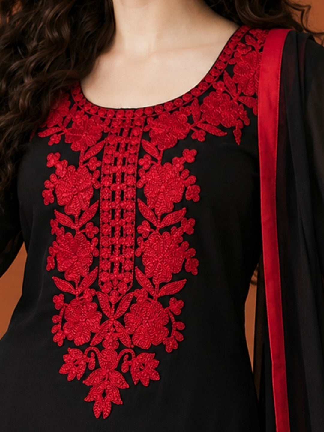 Women's Black Embroidered Kurta Set with Dupatta | Red Floral Straight Ethnic Party Wear Suit