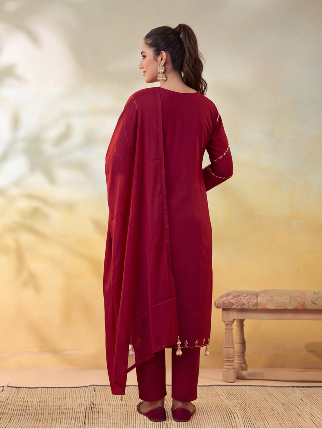 Women Embroidery Maroon Kurta Set with Dupatta