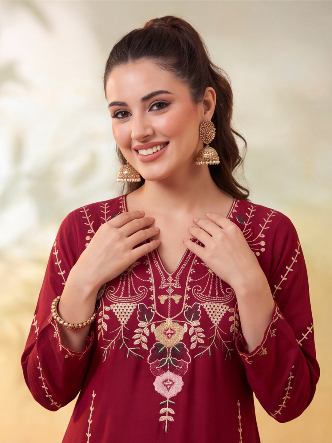 Women Embroidery Maroon Kurta Set with Dupatta