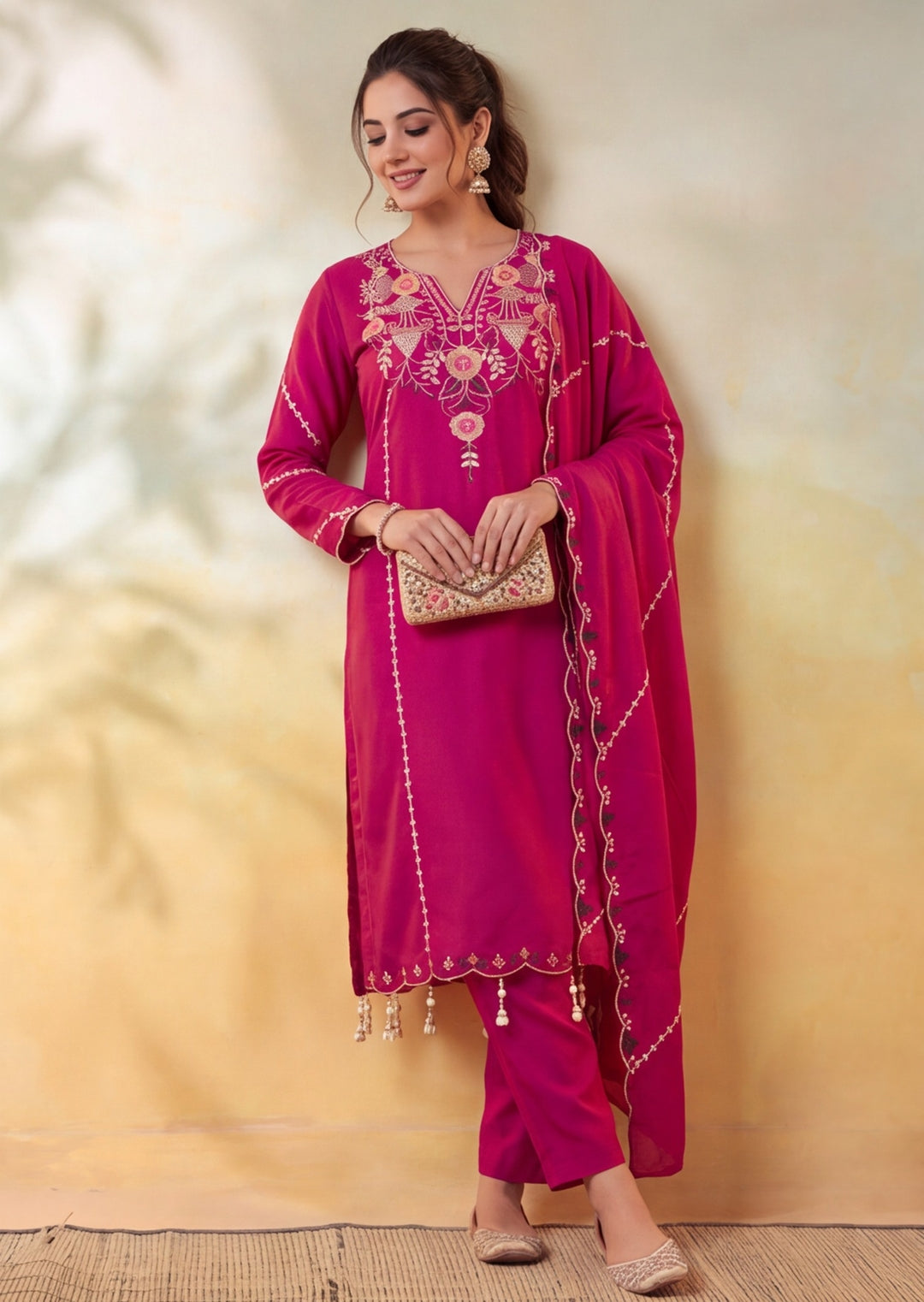 Women Embroidery Rani Pink Kurta Set with Dupatta