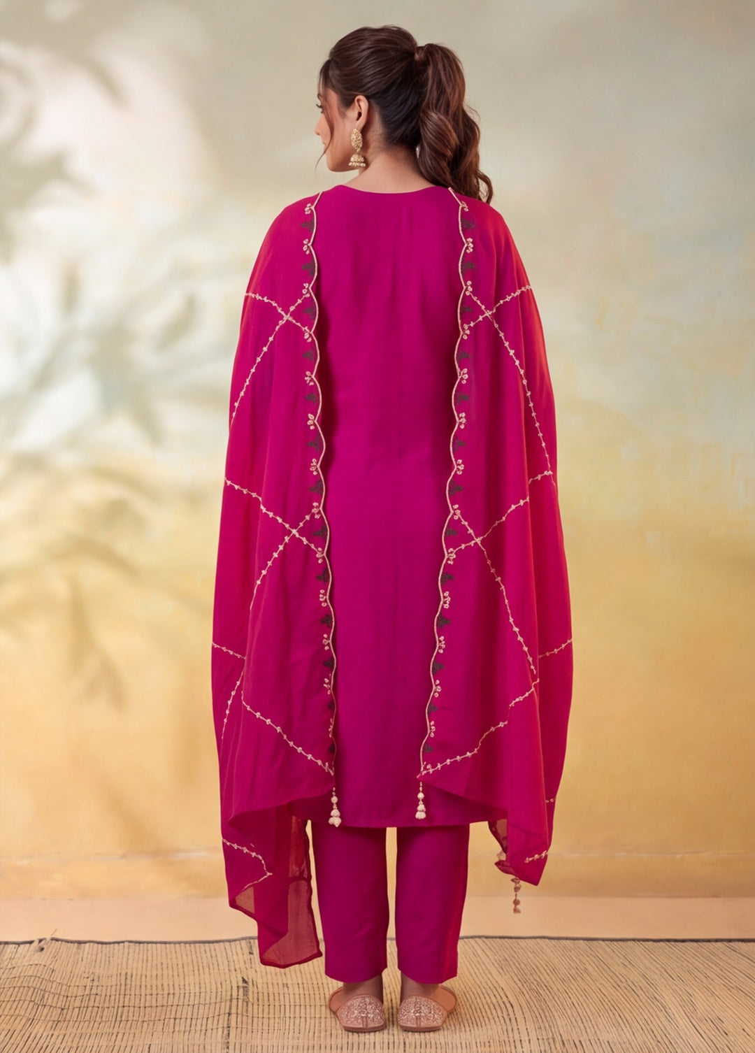 Women Embroidery Rani Pink Kurta Set with Dupatta