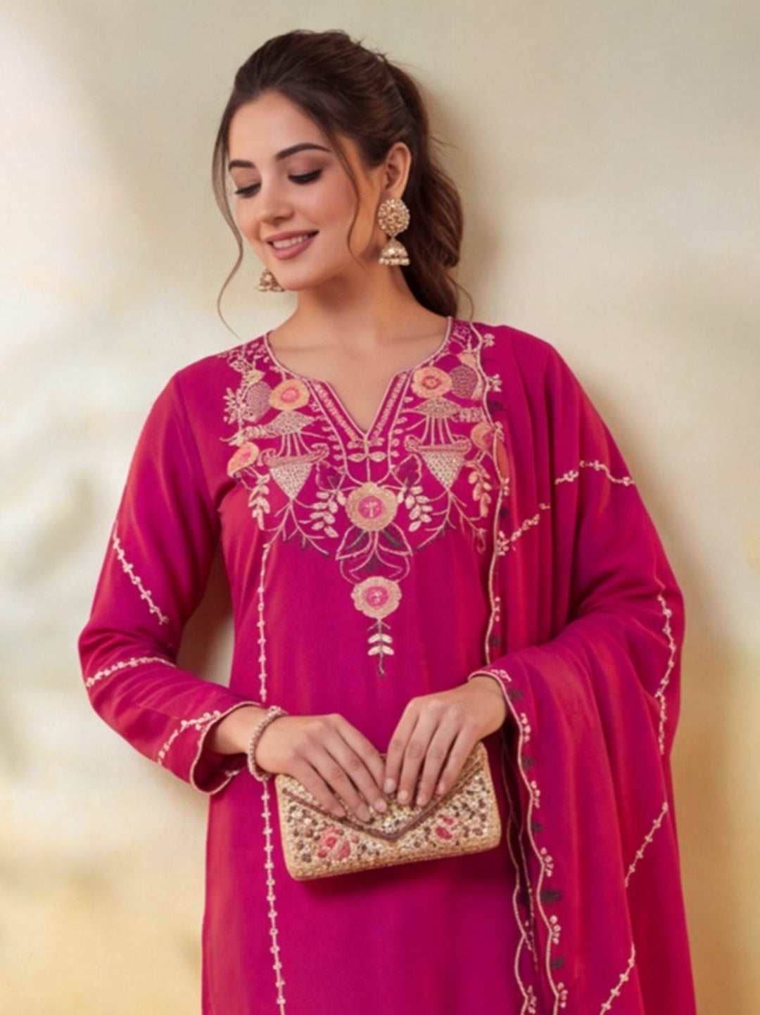Women Embroidery Rani Pink Kurta Set with Dupatta
