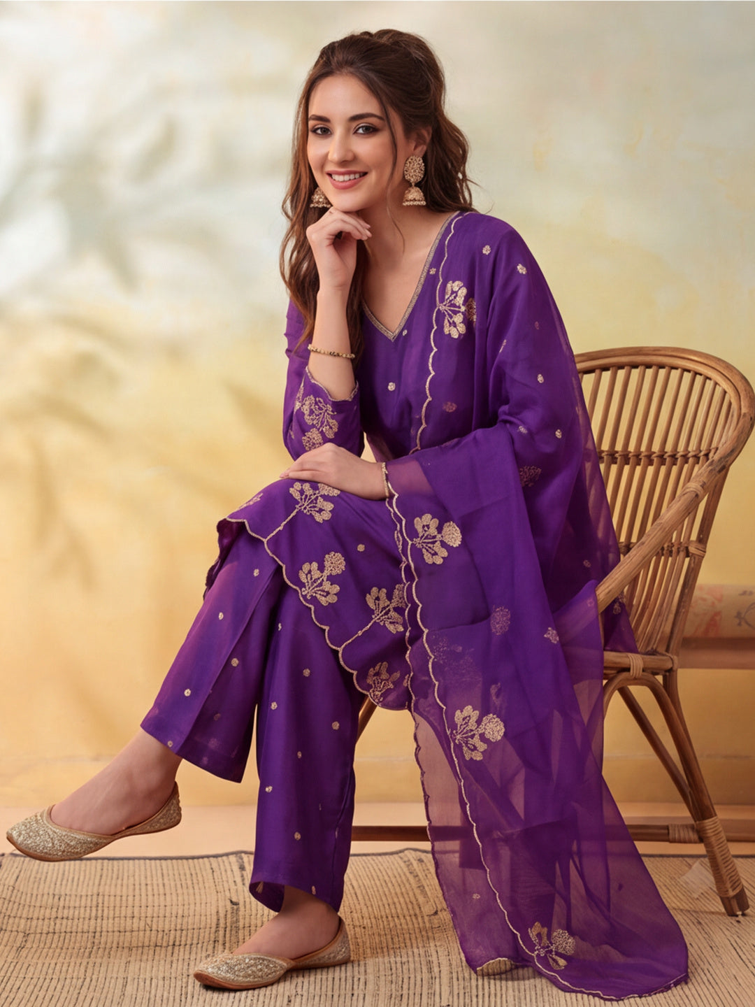 Women Embroidery Purple Kurta Set with Dupatta