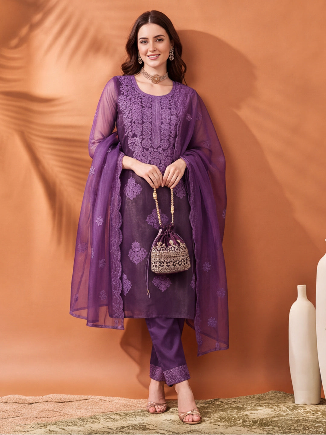 Women's Lavender Embroidered Organza Kurta Set with Dupatta | Straight Ethnic Festive Wear Suit