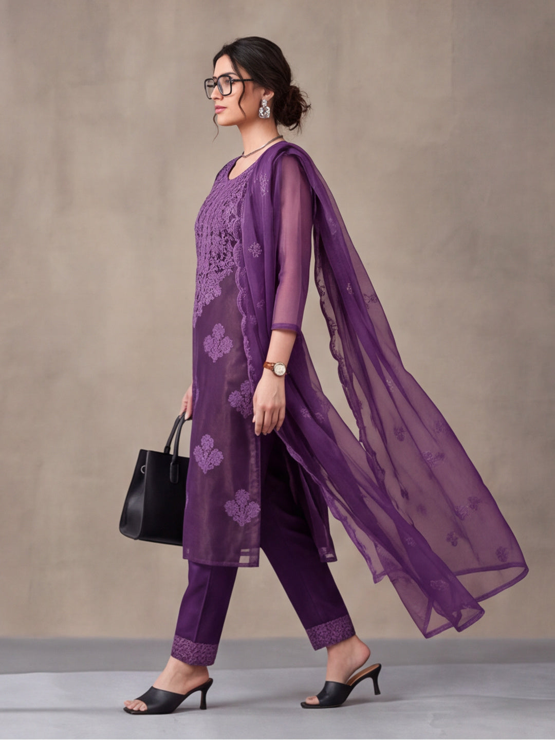 Women's Lavender Embroidered Organza Kurta Set with Dupatta | Straight Ethnic Festive Wear Suit