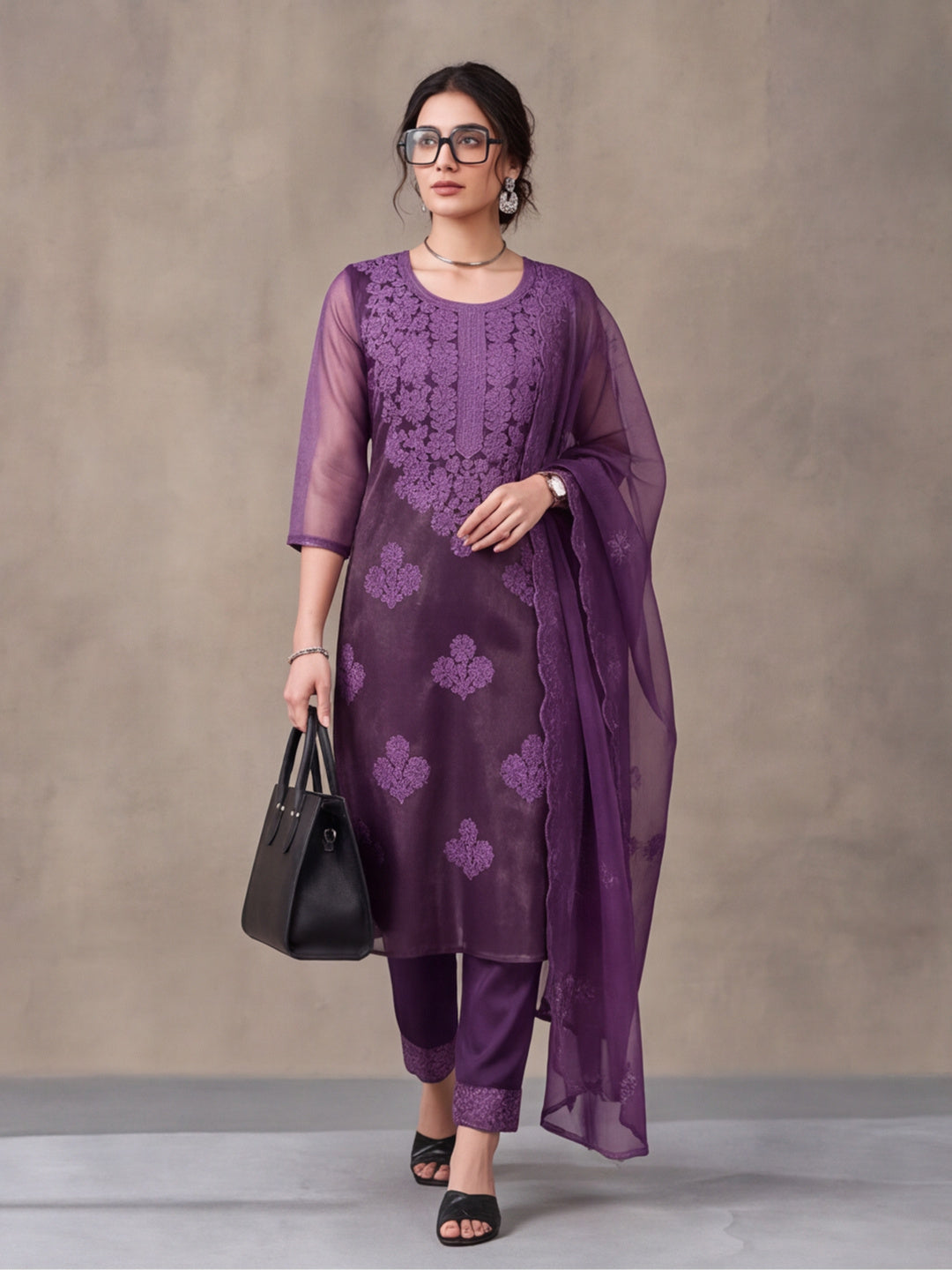 Women's Lavender Embroidered Organza Kurta Set with Dupatta | Straight Ethnic Festive Wear Suit