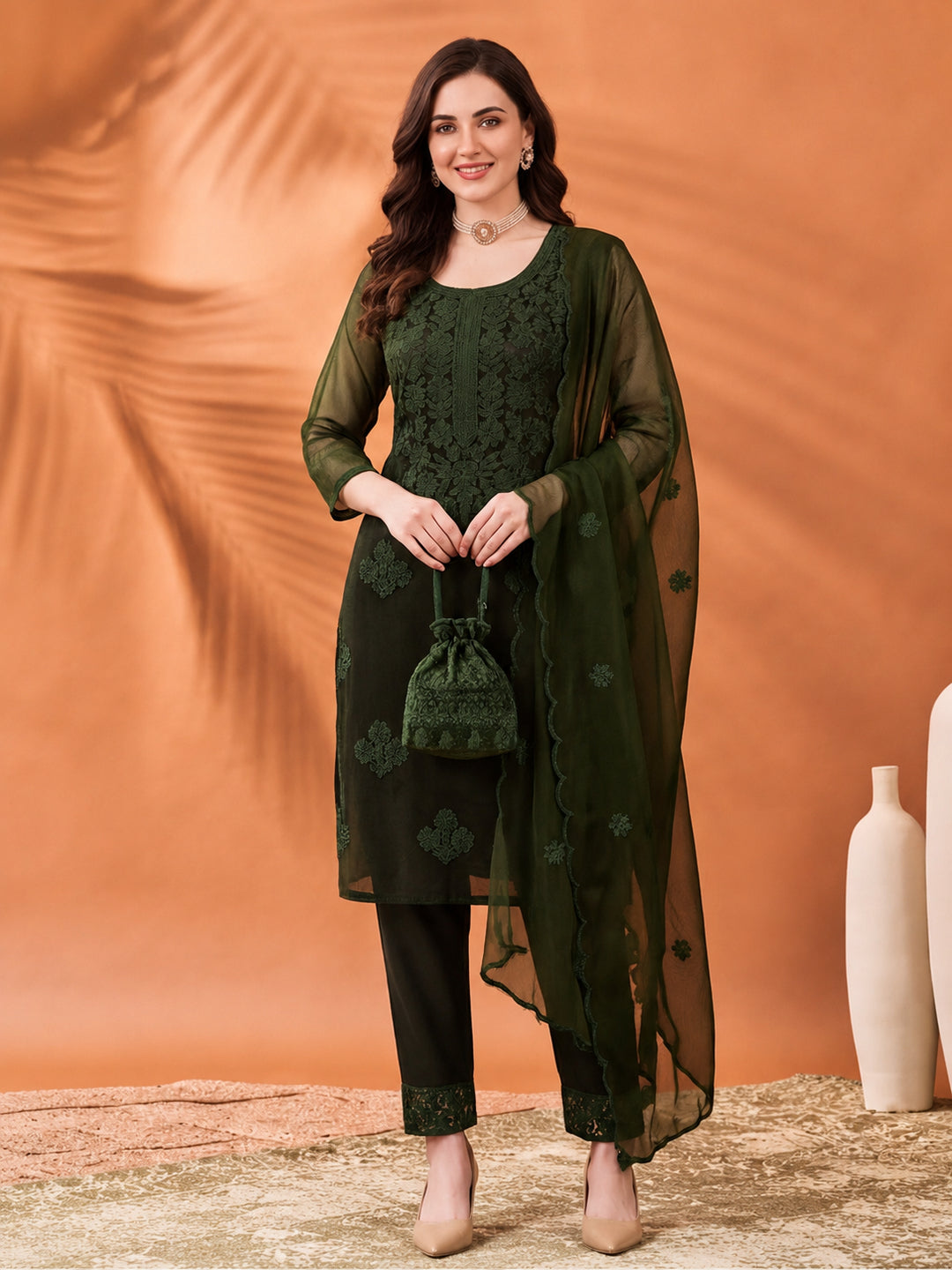 Women's Green Embroidered Organza Kurta Set with Dupatta | Straight Ethnic Festive Wear Suit