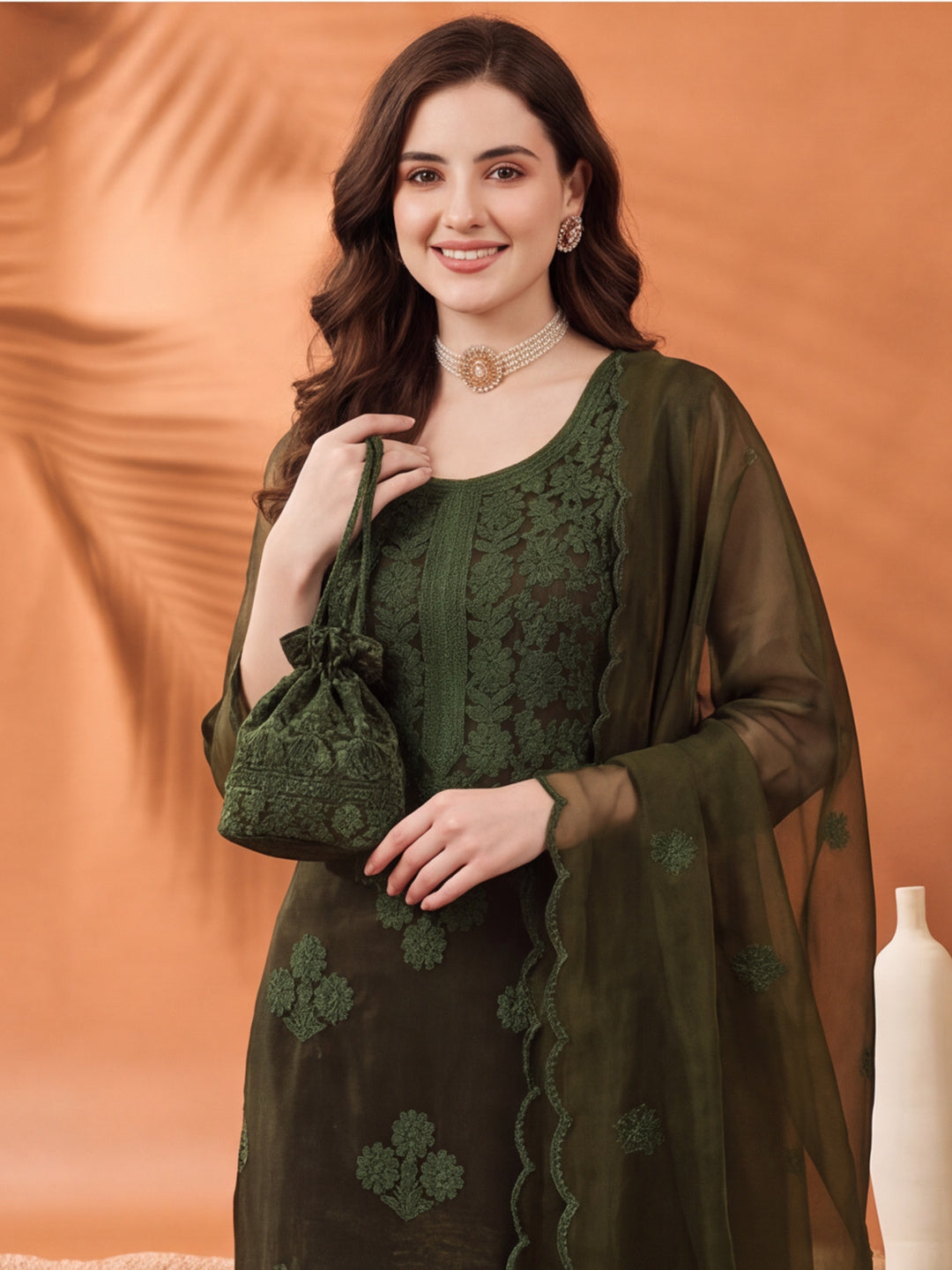 Women's Green Embroidered Organza Kurta Set with Dupatta | Straight Ethnic Festive Wear Suit