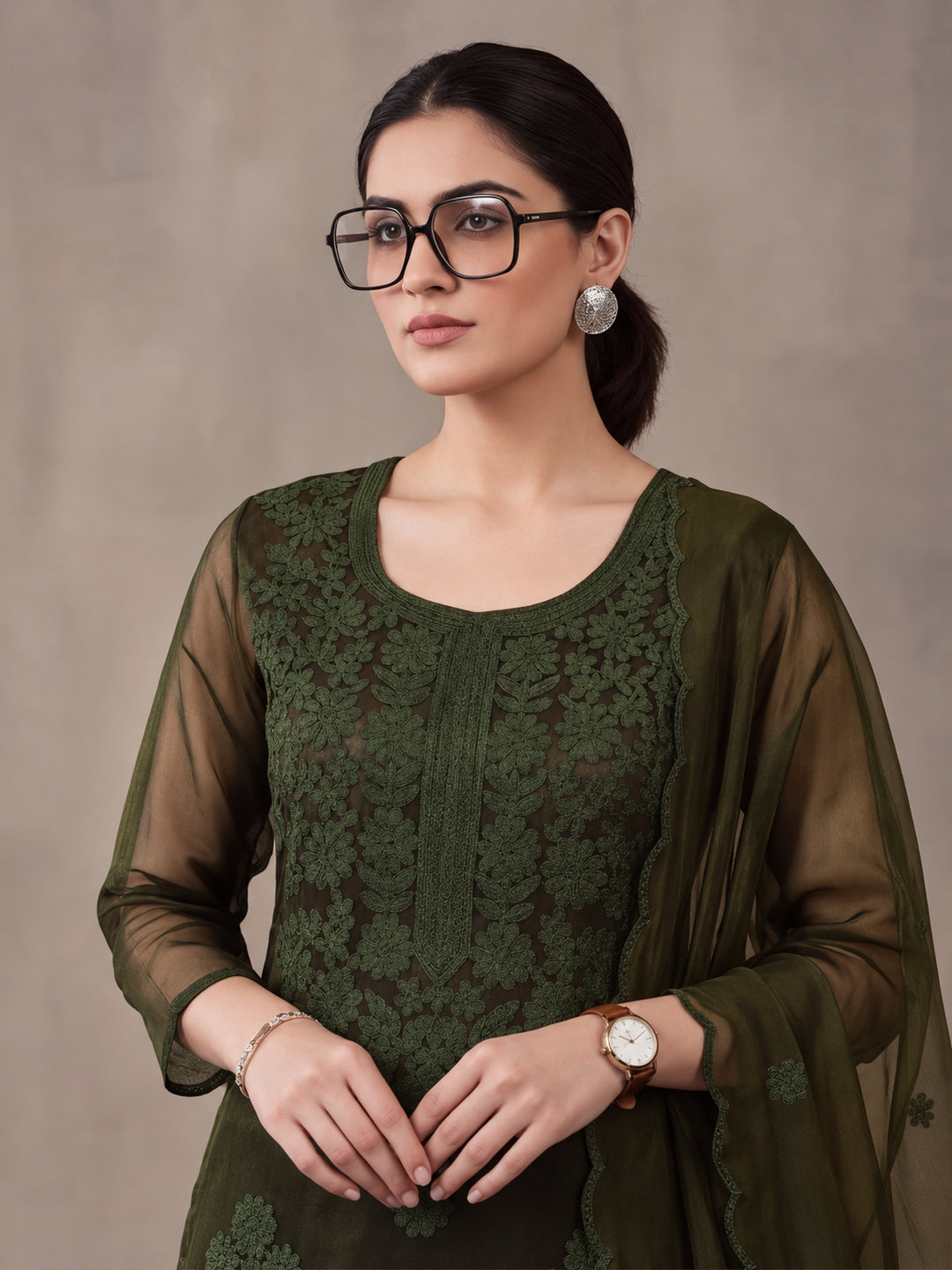 Women's Green Embroidered Organza Kurta Set with Dupatta | Straight Ethnic Festive Wear Suit