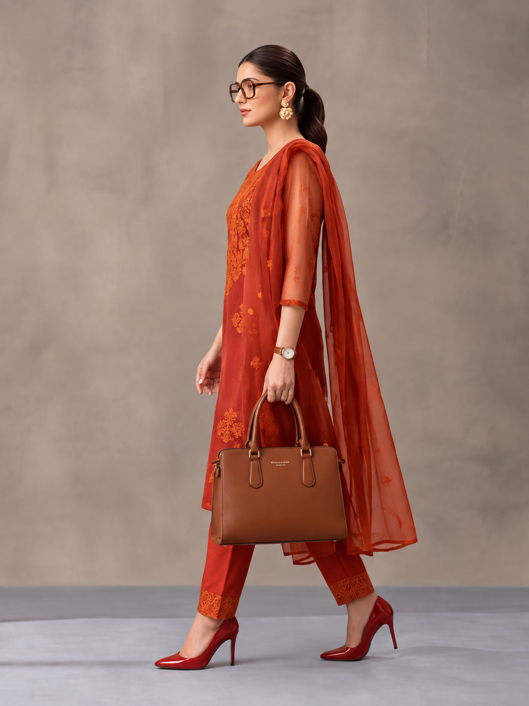 Women's Orange Embroidered Organza Kurta Set with Dupatta | Straight Ethnic Festive Wear Suit