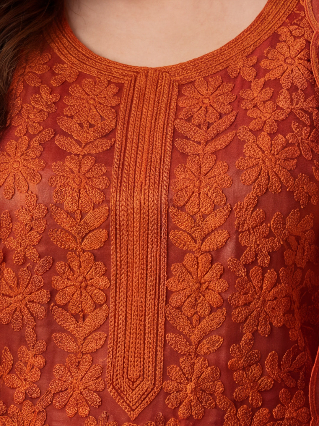 Women's Orange Embroidered Organza Kurta Set with Dupatta | Straight Ethnic Festive Wear Suit