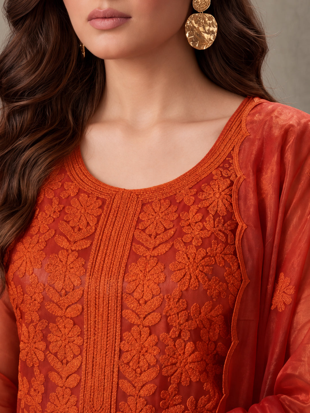 Women's Orange Embroidered Organza Kurta Set with Dupatta | Straight Ethnic Festive Wear Suit