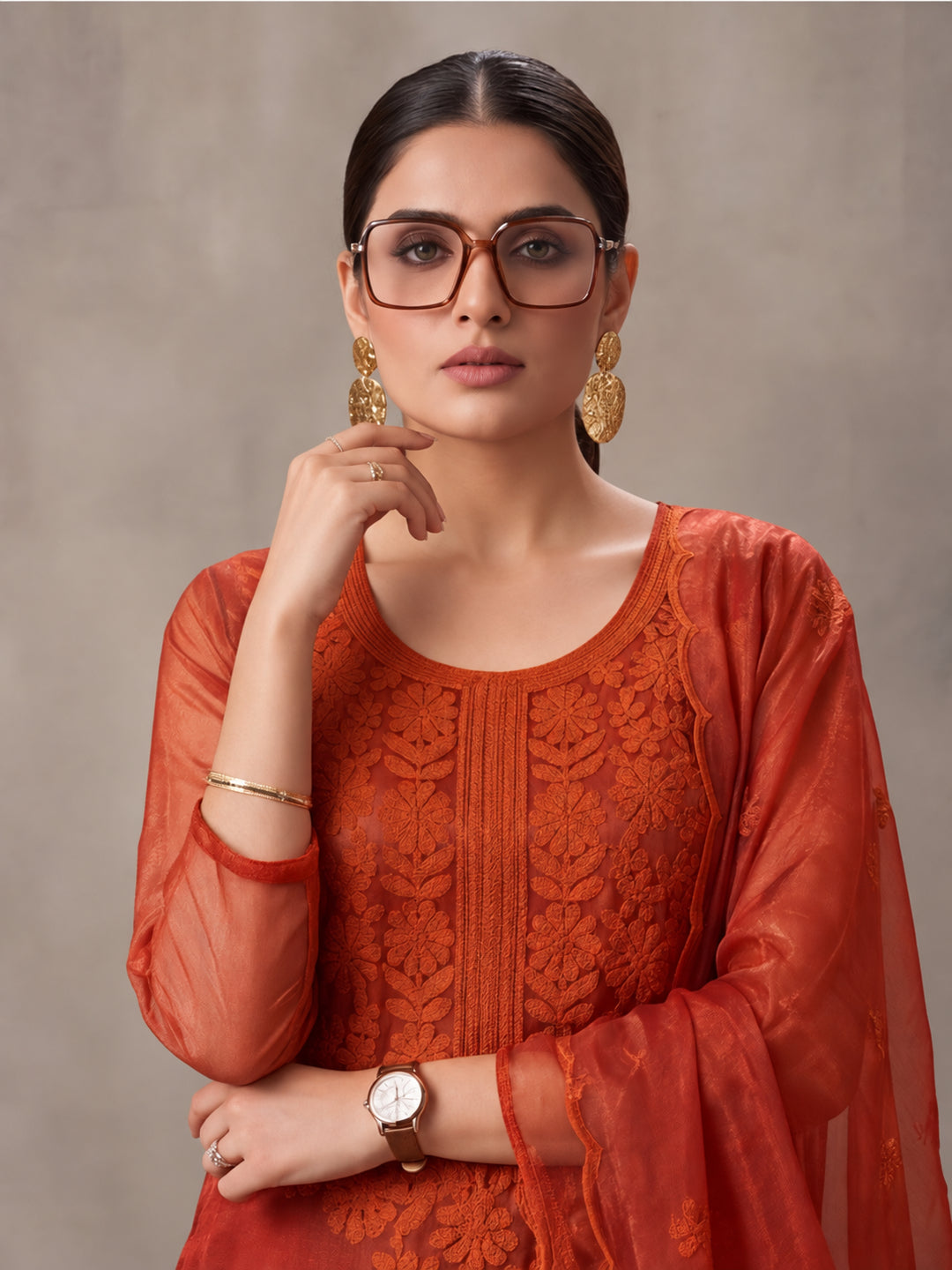 Women's Orange Embroidered Organza Kurta Set with Dupatta | Straight Ethnic Festive Wear Suit