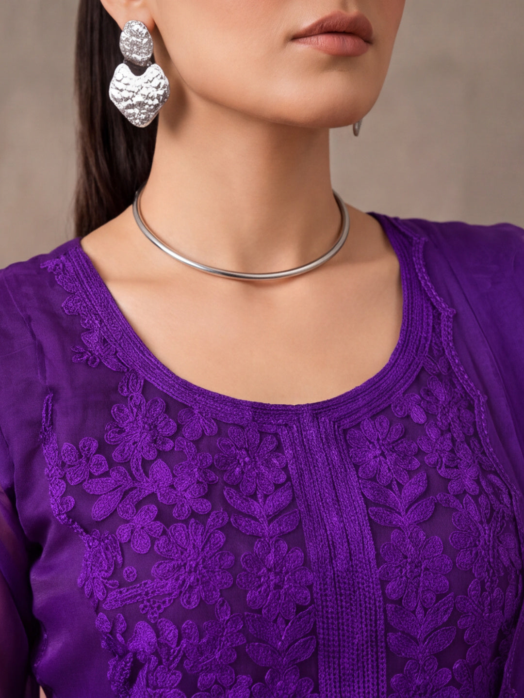 Women's Purple Embroidered Organza Kurta Set with Dupatta | Straight Ethnic Festive Wear Suit