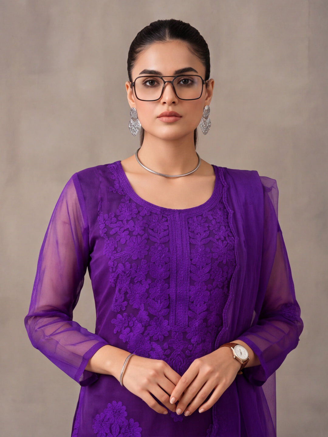Women's Purple Embroidered Organza Kurta Set with Dupatta | Straight Ethnic Festive Wear Suit