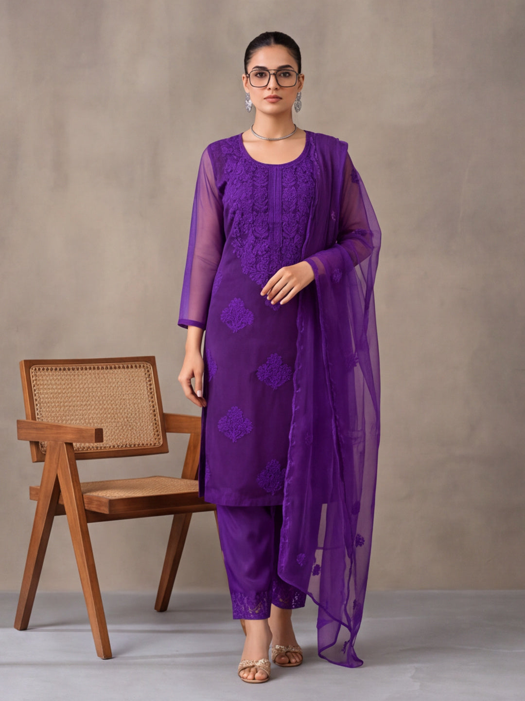 Women's Purple Embroidered Organza Kurta Set with Dupatta | Straight Ethnic Festive Wear Suit