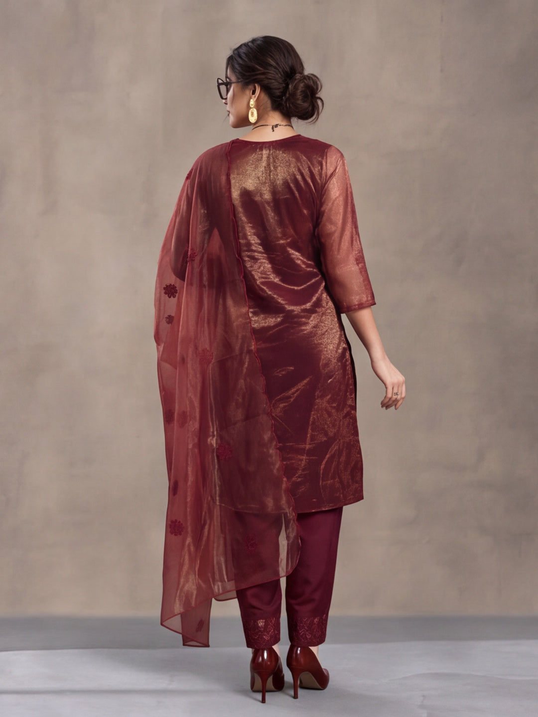 Women's Rust Embroidered Organza Kurta Set with Dupatta | Straight Ethnic Festive Wear Suit