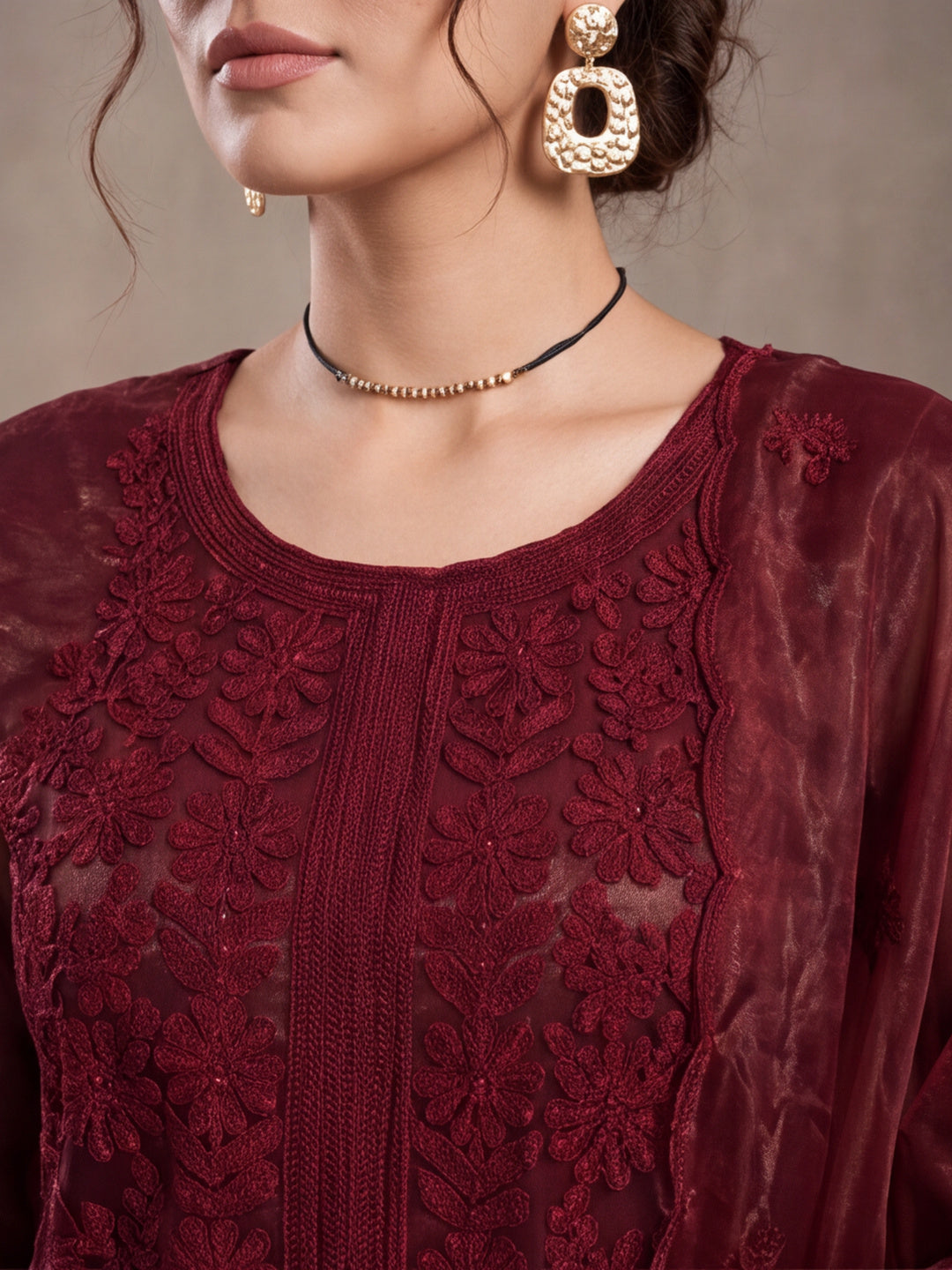 Women's Rust Embroidered Organza Kurta Set with Dupatta | Straight Ethnic Festive Wear Suit