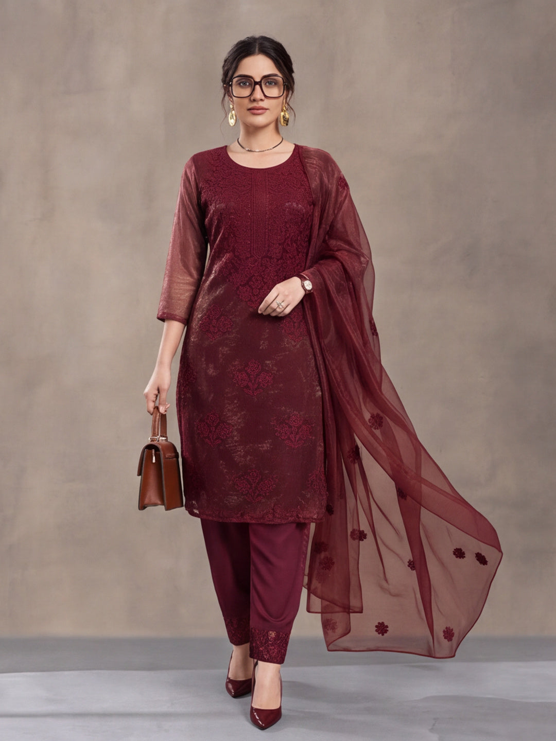 Women's Rust Embroidered Organza Kurta Set with Dupatta | Straight Ethnic Festive Wear Suit