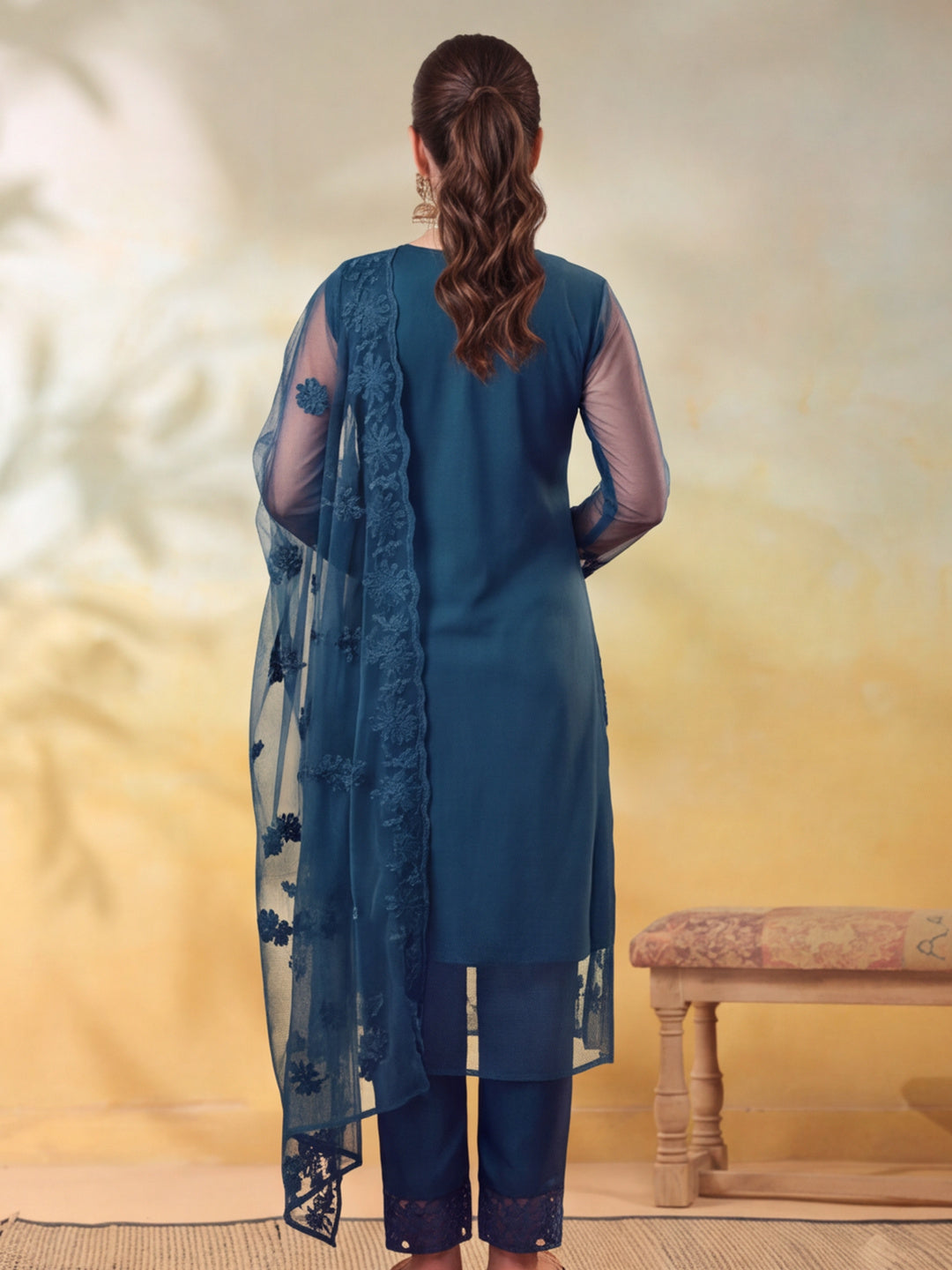 Women Floral Embroidery Teal Blue Kurta Set with Dupatta