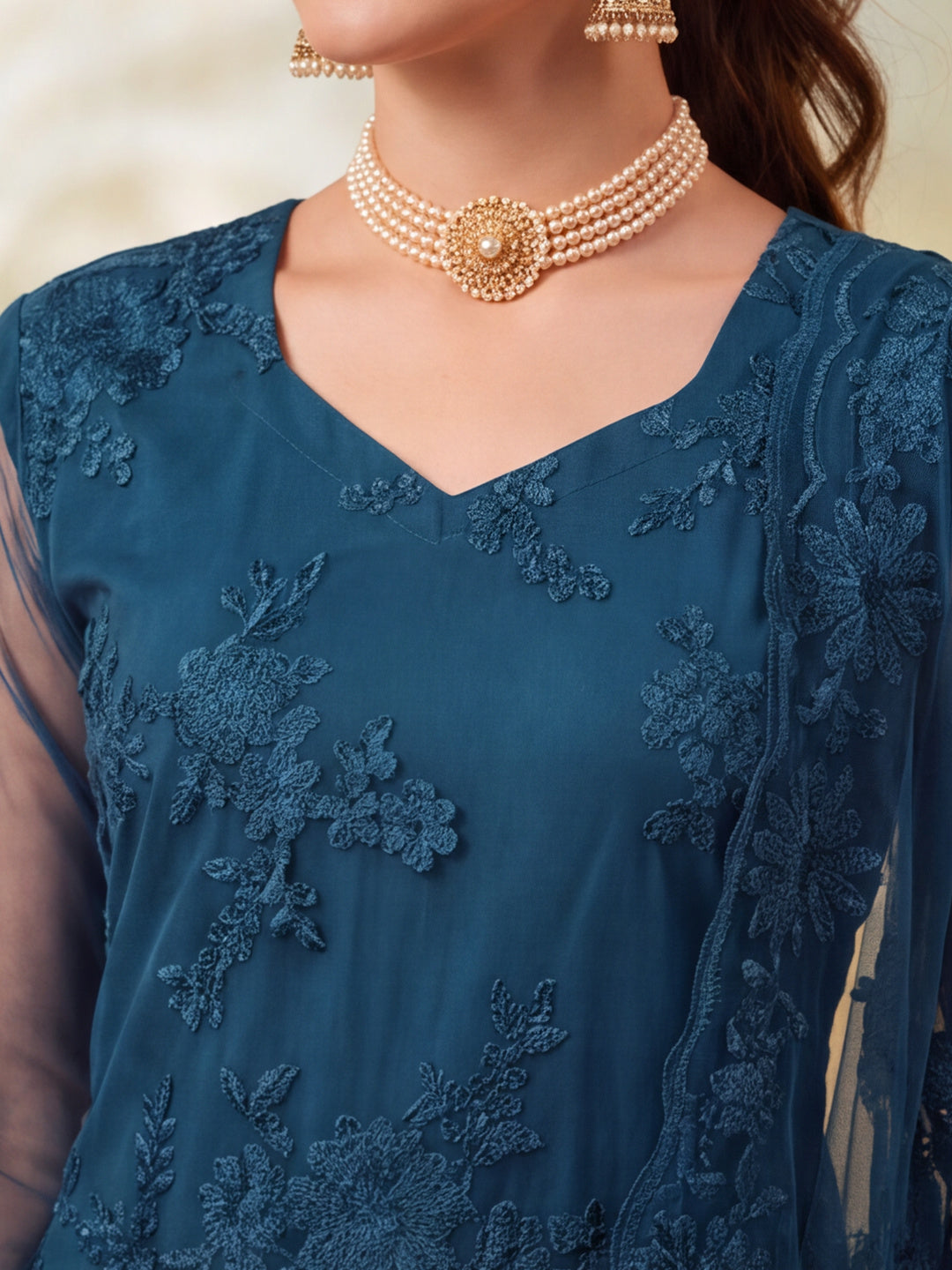 Women Floral Embroidery Teal Blue Kurta Set with Dupatta