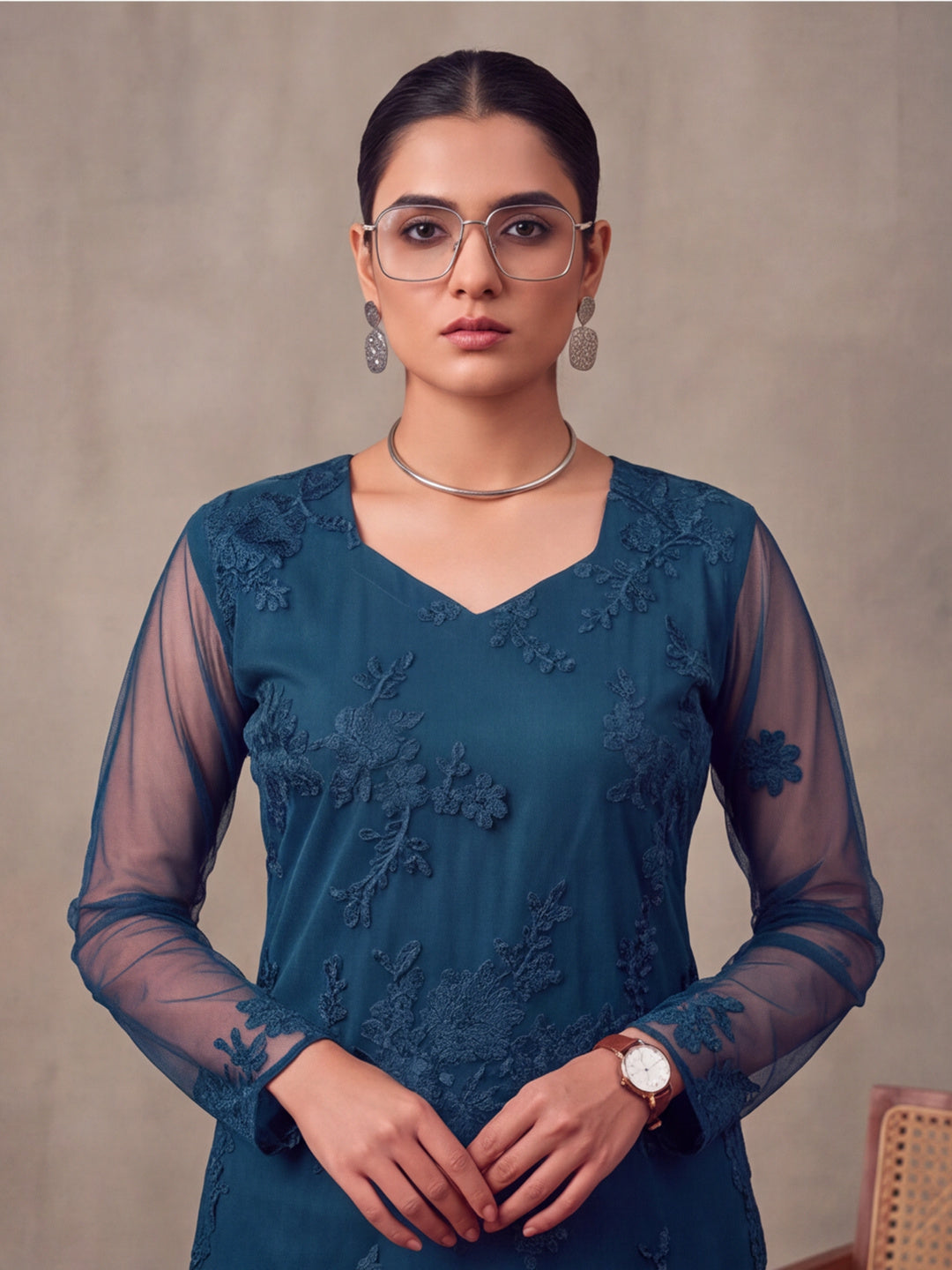 Women Floral Embroidery Teal Blue Kurta Set with Dupatta