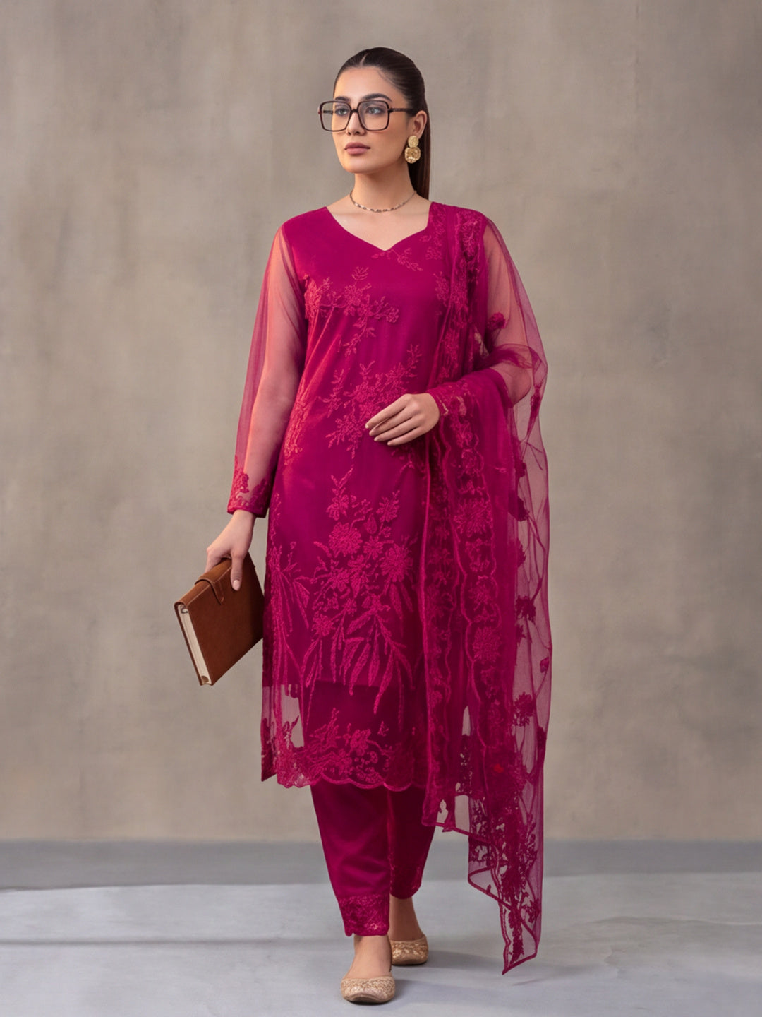 Women Floral Embroidery Rani Pink Kurta Set with Dupatta