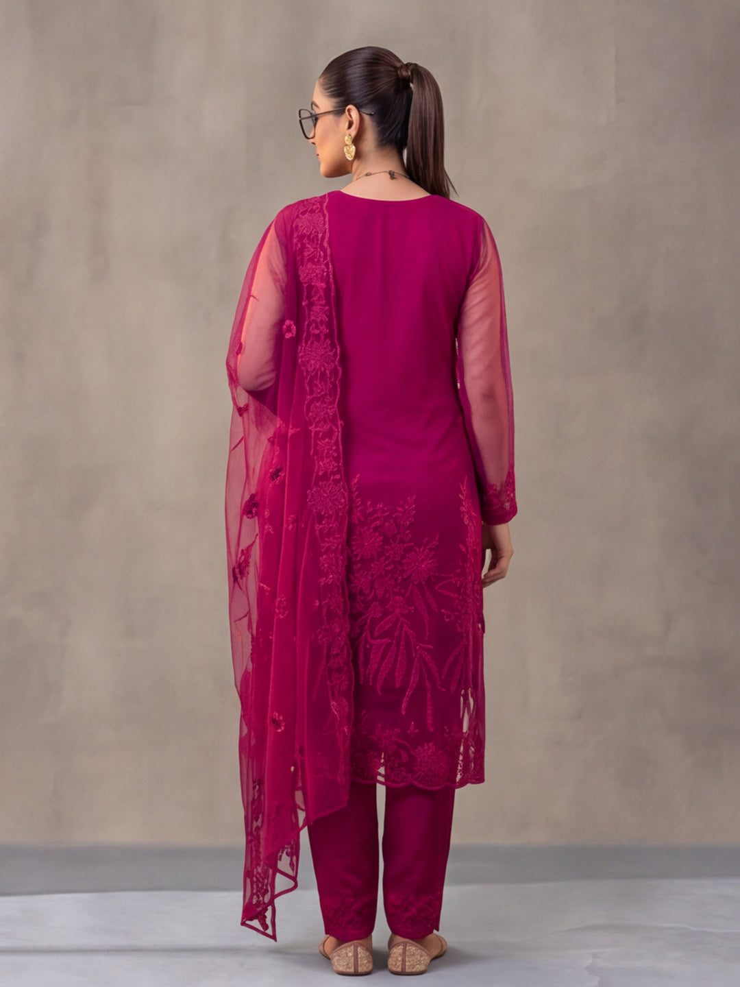 Women Floral Embroidery Rani Pink Kurta Set with Dupatta