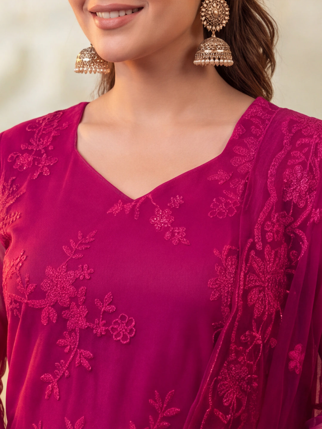 Women Floral Embroidery Rani Pink Kurta Set with Dupatta