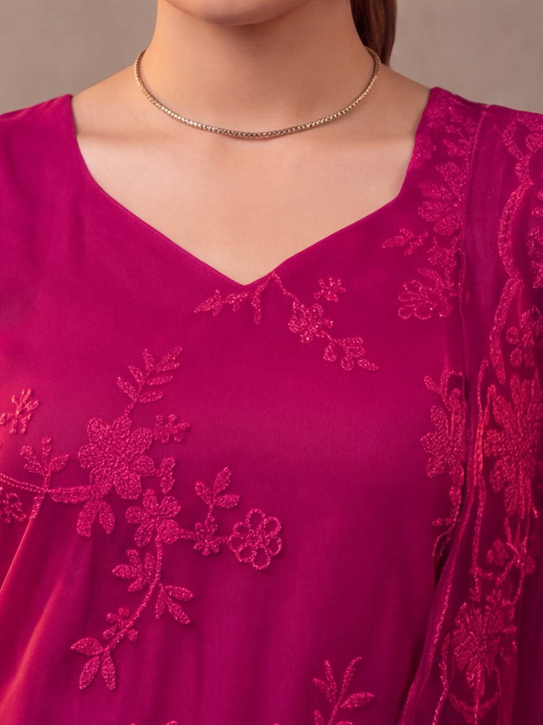 Women Floral Embroidery Rani Pink Kurta Set with Dupatta