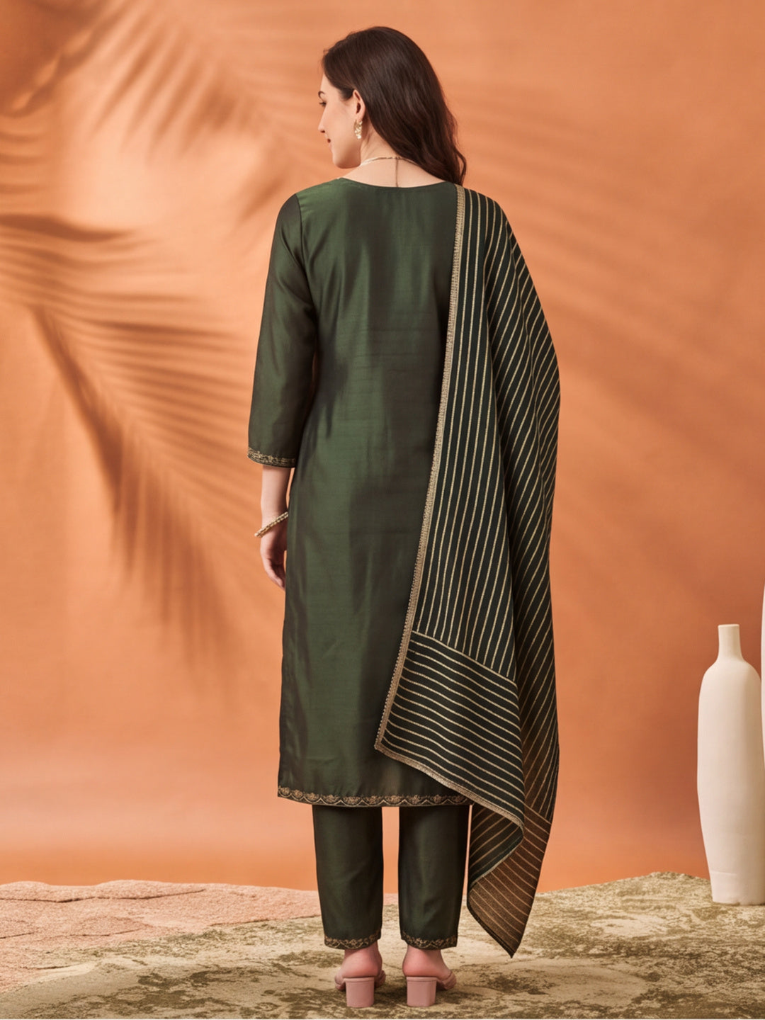 Women's Brown Embroidered Kurta Set with Striped Dupatta | Straight Ethnic Festive Wear Suit