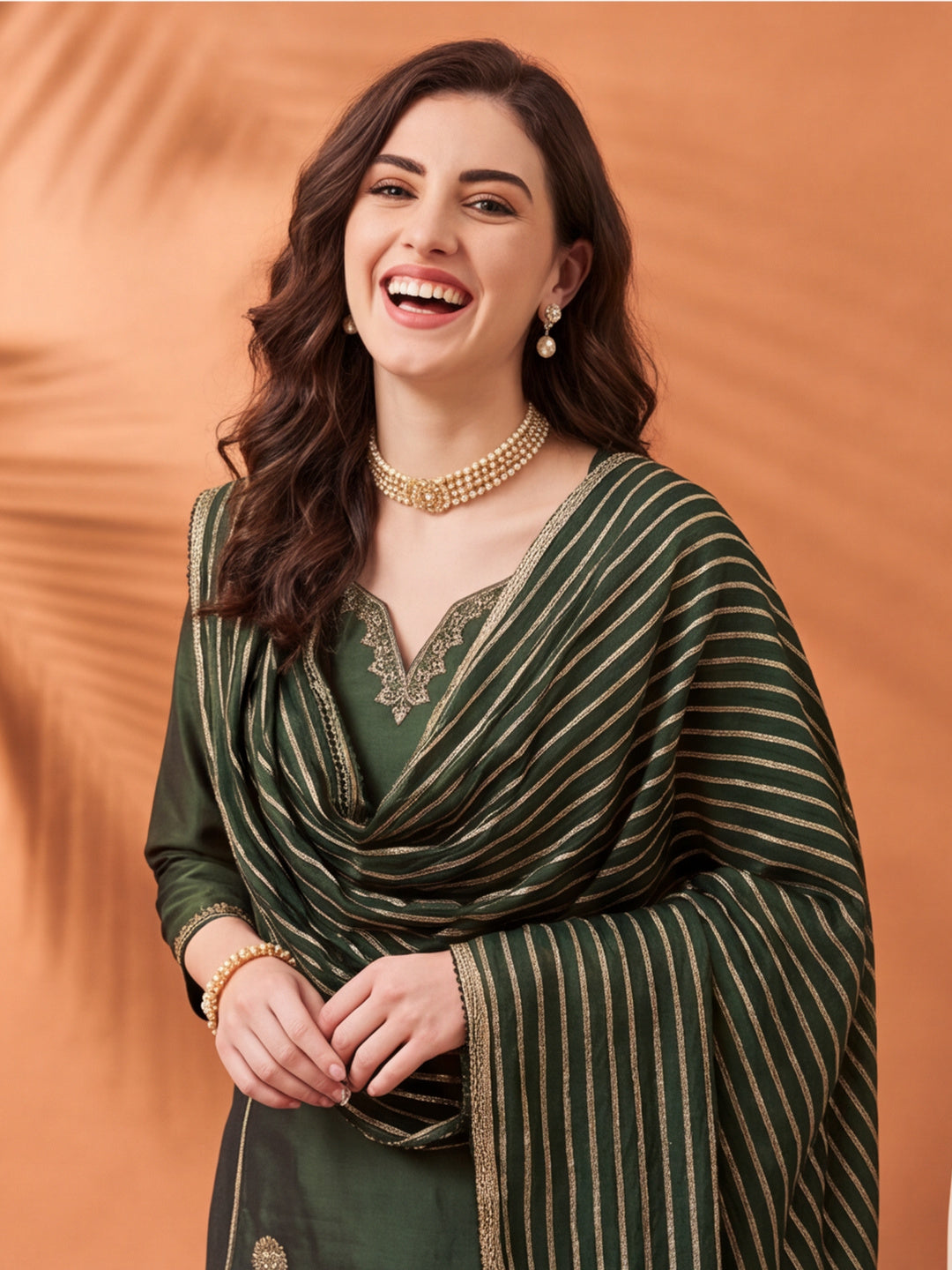 Women's Brown Embroidered Kurta Set with Striped Dupatta | Straight Ethnic Festive Wear Suit