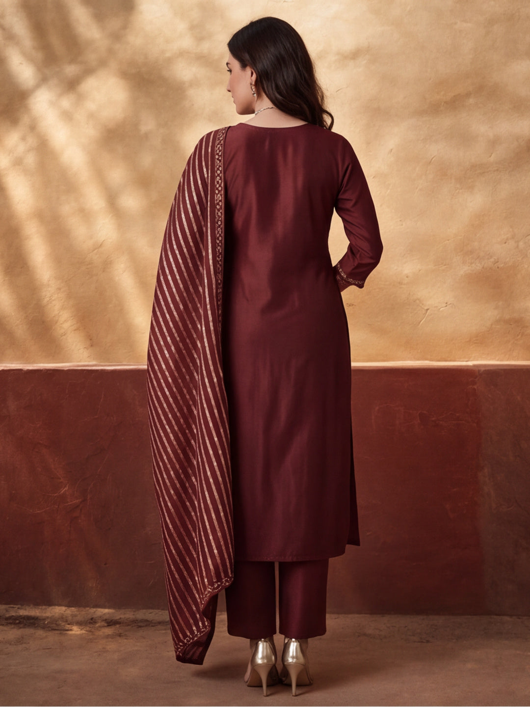 Women's Brown Embroidered Kurta Set with Striped Dupatta | Straight Ethnic Festive Wear Suit