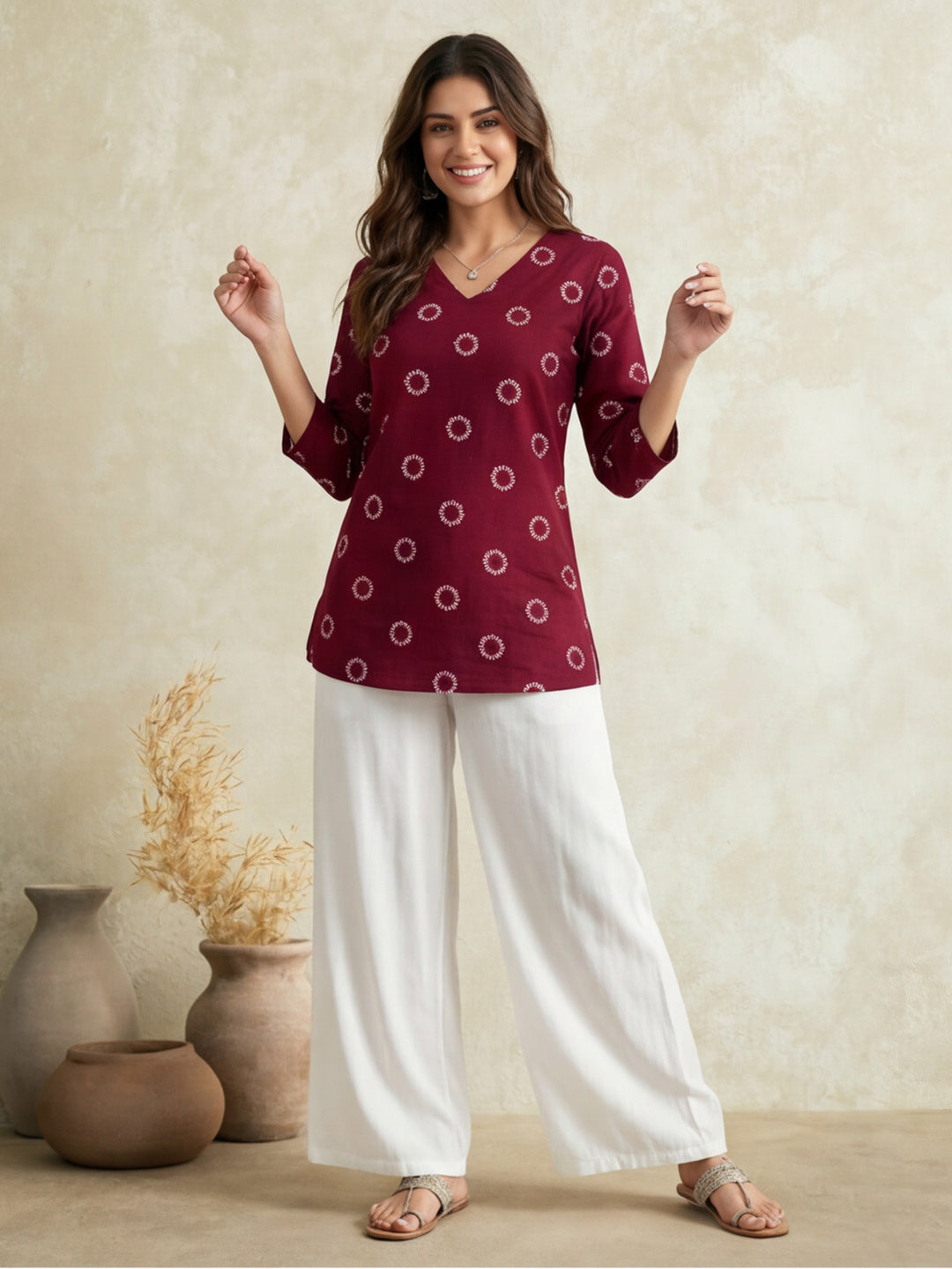 Women's V-Neck Printed Straight Three-Quarter Sleeves Cotton Short Kurti