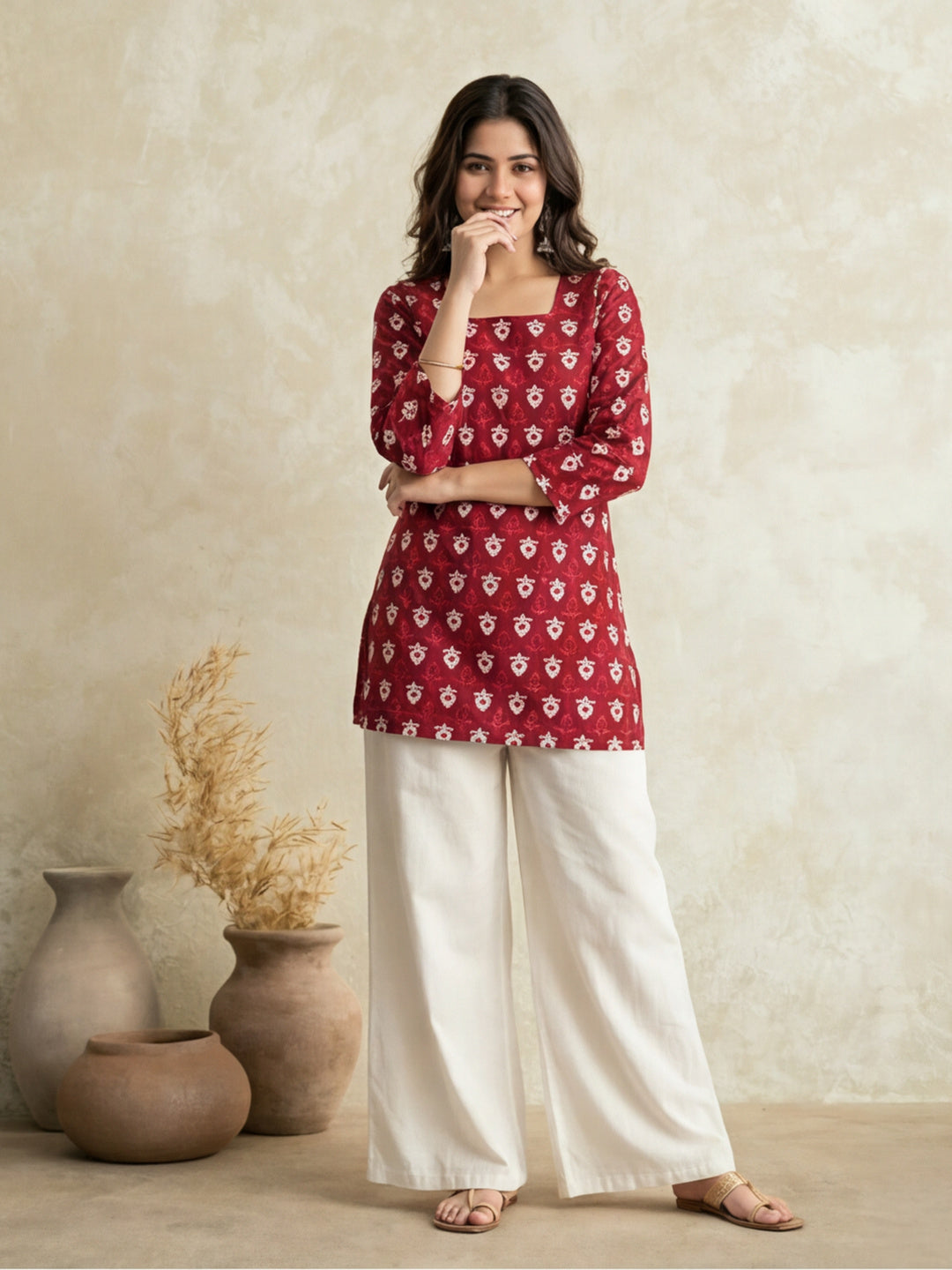 Women's V-Neck Printed Straight Three-Quarter Sleeves Cotton Short Kurti